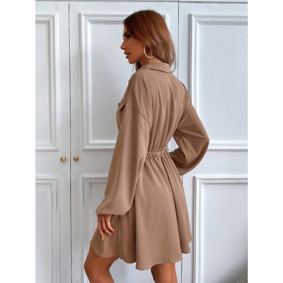 Lantern Sleeve Shirt Dress long sleeve button down black - Picture 5 of 8